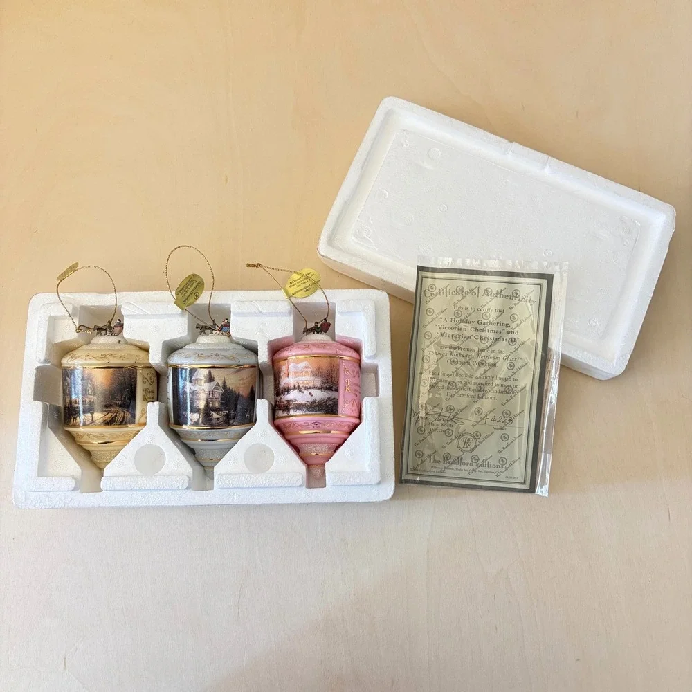 Thomas Kinkade Bradford Heirloom Glass Christmas Ornaments Set 3 New Vintage COA